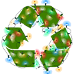 Holiday lights on a green recycling symbol